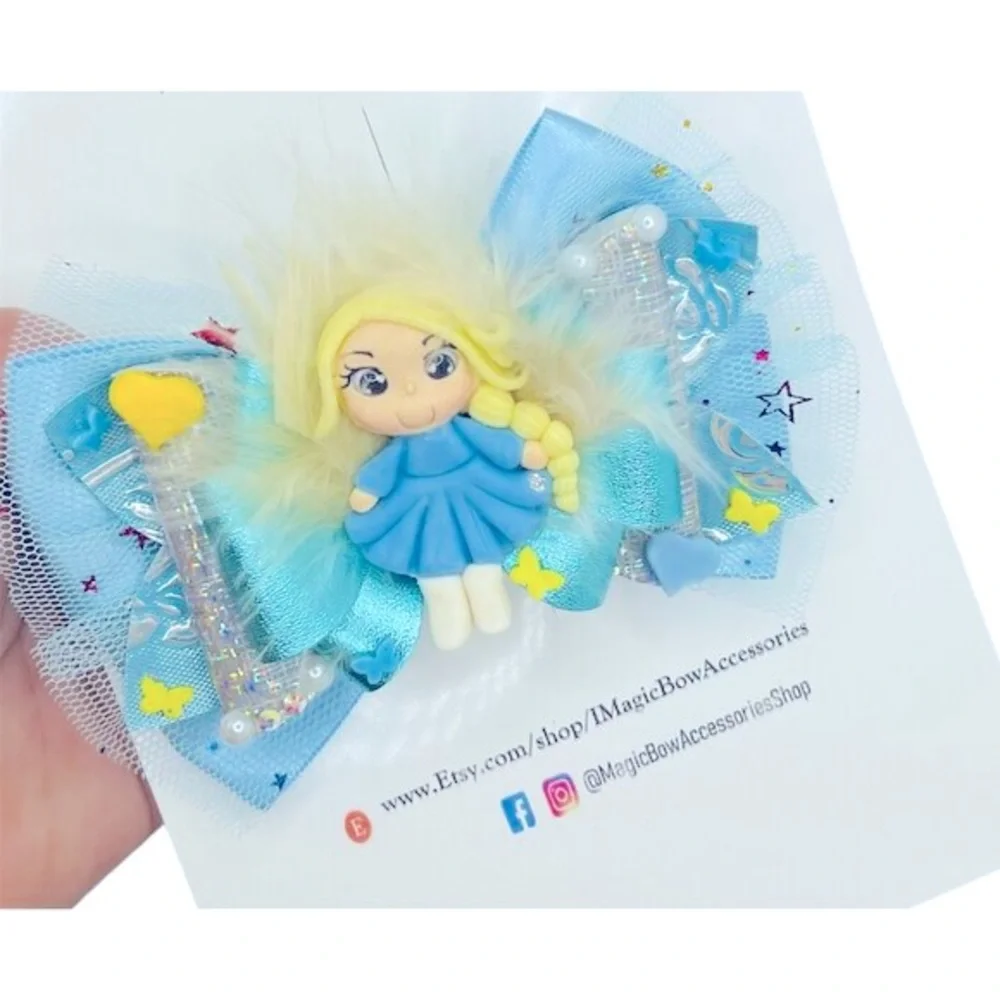 Accessories Girls Princess Hair Bow Clip with Clay Doll Handcrafted